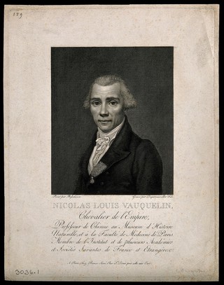 Nicolas Louis Vauquelin. Line engraving by F. J. Dequevauviller fils after C. J. Besselièvre.