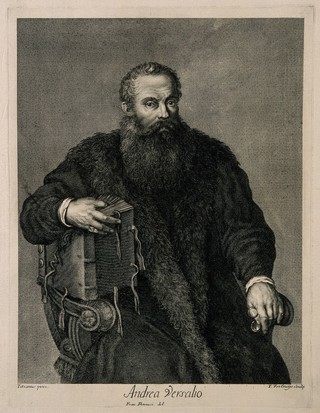 A man holding a large book, formerly designated as Andreas Vesalius. Line engraving by T. Vercruis after F. Petrucci after Titian (?).
