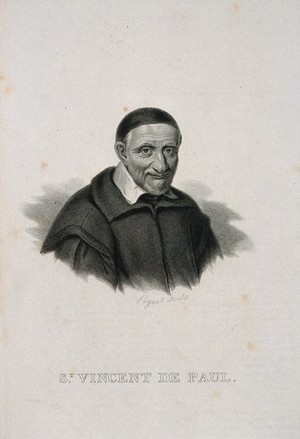 view Saint Vincent de Paul. Line engraving by F. Pigeot.