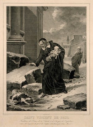 view Saint Vincent de Paul: he rescues a baby abandoned in the snow. Line engraving by P. Baquoy after N. A. Monsiaux.