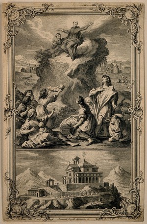 view Saint Vincent de Paul receiving supplications from mothers; below, a procession approaches a church. Line engraving by L. Cars after himself.