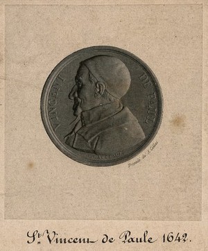 view Saint Vincent de Paul. Line engraving by A. Collas after J. E. Gatteaux.