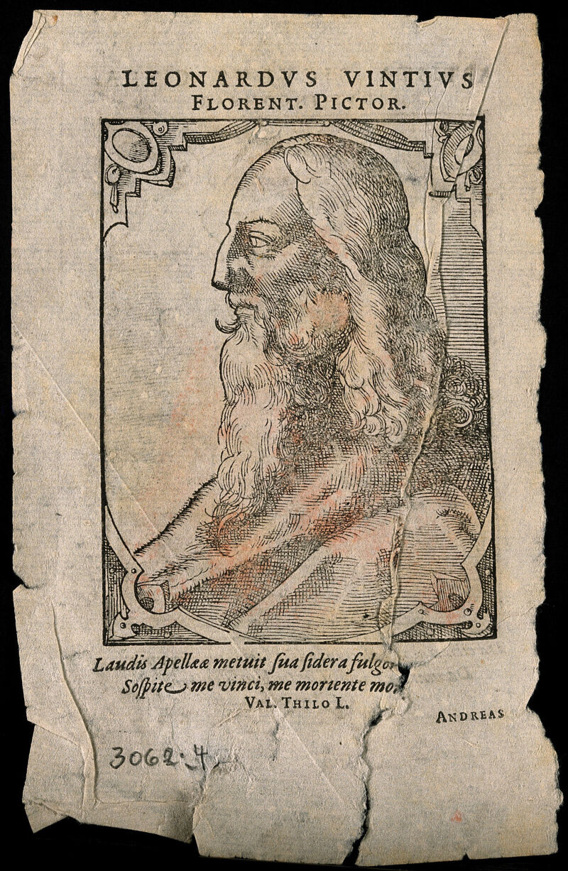 Leonardo da Vinci. Woodcut by T. Stimmer, 1589, after L. da Vinci., 1589, by Leonardo da Vinci