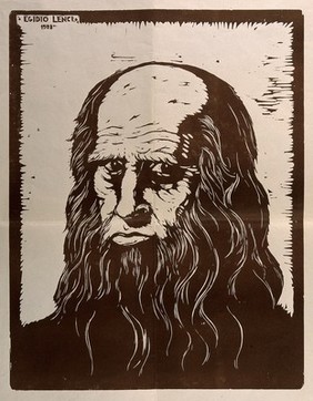 Leonardo da Vinci. Reproduction of woodcut by E. Lenci, 1928.