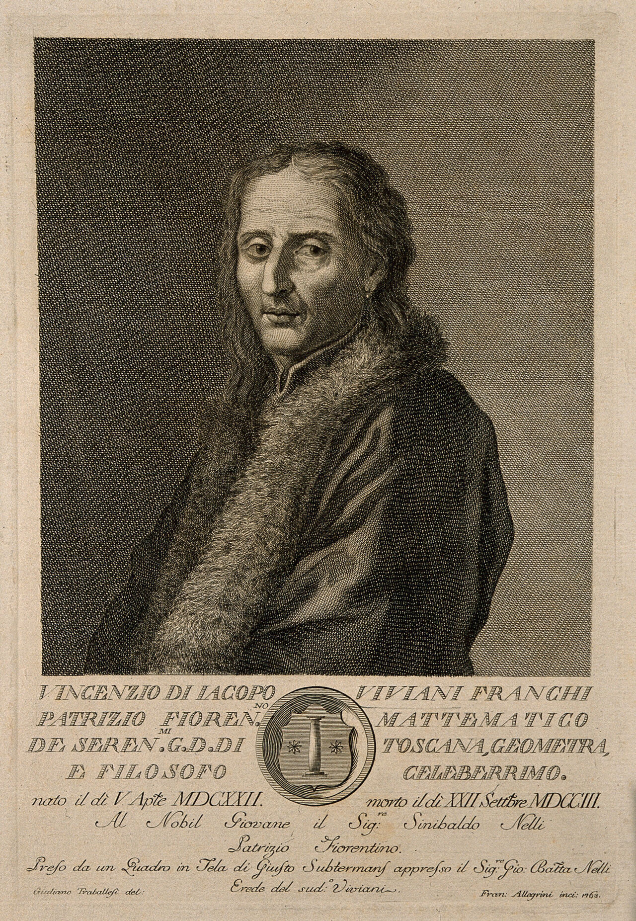 Vincentius Viviani. Line engraving by F. Allegrini, 1762, after G. Traballesi., by Giulio Traballesi
