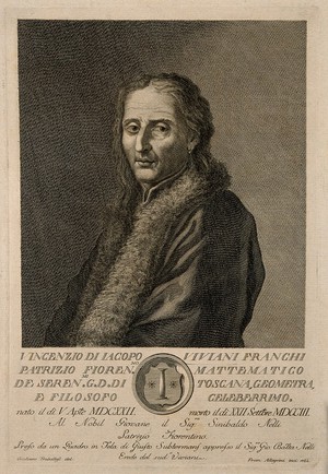 view Vincentius Viviani. Line engraving by F. Allegrini, 1762, after G. Traballesi.