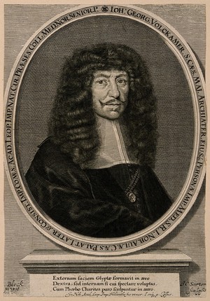 view Johann Georg Volckamer. Line engraving by J. C. Sartor after B. Block.