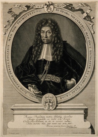 Johann Georg Volckamer. Line engraving by L. Heckenauer after D. d'Savoye.