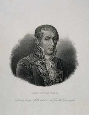 view Count Alessandro Giuseppe Antonio Anastasio Volta. Line engraving by G. Bonatti after G. Garavaglia.