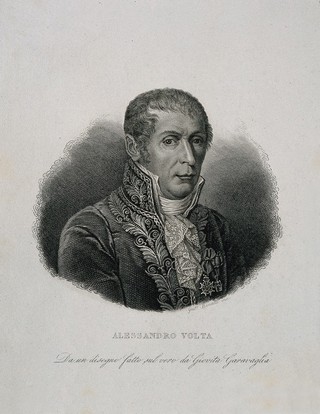 Count Alessandro Giuseppe Antonio Anastasio Volta. Line engraving by G. Bonatti after G. Garavaglia.
