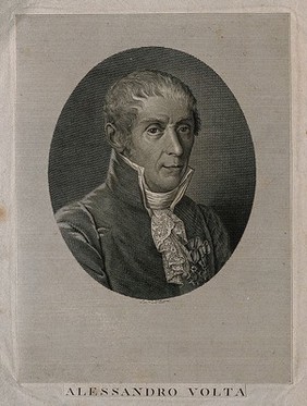 Count Alessandro Giuseppe Antonio Anastasio Volta. Line engraving after R. Focosi.