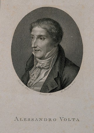 Count Alessandro Giuseppe Antonio Anastasio Volta. Line engraving by R. Morghen after P. Ermini after L. Sabatelli.