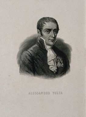 Count Alessandro Giuseppe Antonio Anastasio Volta. Stipple engraving by A. Tardieu after N. Bettoni.