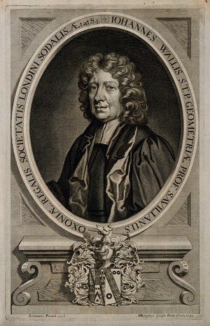 view John Wallis. Line engraving by M. Burghers, 1699, after W. Sonmans, 1698.