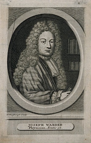 view Joseph Warder. Line engraving by H. Hulsbergh, 1726.