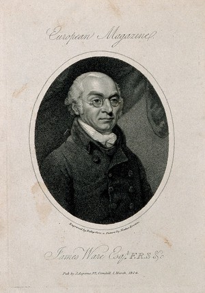 view James Ware. Stipple engraving by W. Ridley, 1804, after M. Brown.