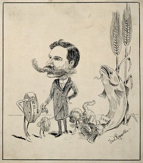 Henry Solomon Wellcome. Pen drawing by F. Reynolds, 1897.