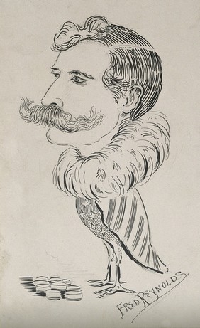 Henry Solomon Wellcome. Pen drawing with pencil underdrawing by F. Reynolds, 1900.