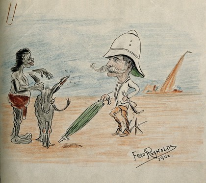 Henry Solomon Wellcome. Pen and coloured pencil drawing by F. Reynolds, 1902.