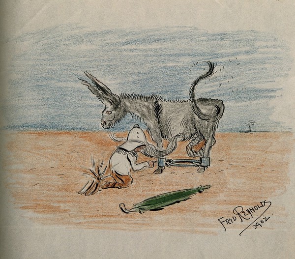 Henry Solomon Wellcome. Pen and coloured pencil drawing by F. Reynolds, 1902.