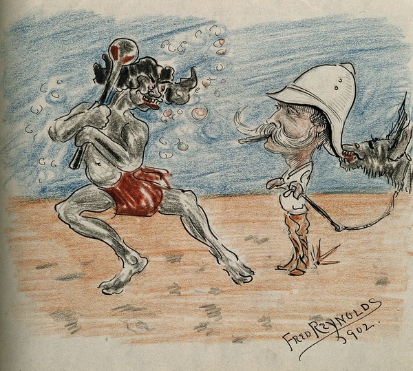 Henry Solomon Wellcome. Pen and coloured pencil drawing by F. Reynolds, 1902.