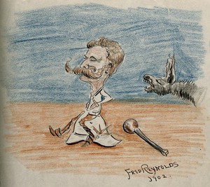 view Henry Solomon Wellcome. Pen and coloured pencil drawing by F. Reynolds, 1902.