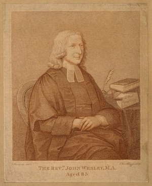 view John Wesley. Stipple engraving by F. Bartolozzi after J. Zoffany, 1760.
