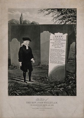 John Wesley: he visits his mother's grave in Bunhill Fields, London. Aquatint by G. Hunt after W. Lee.