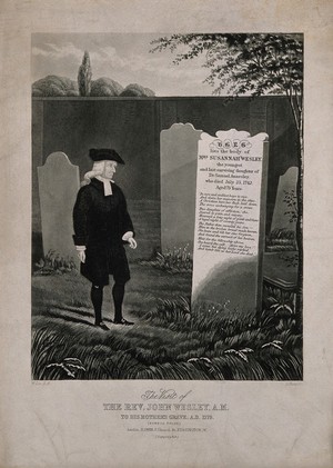 view John Wesley: he visits his mother's grave in Bunhill Fields, London. Aquatint by G. Hunt after W. Lee.