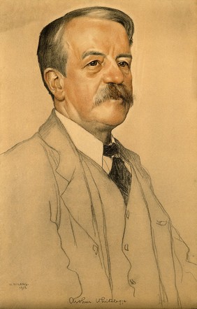 Sir (Benjamin) Arthur Whitelegge. Charcoal drawing with watercolour wash by W. Strang, 1912.