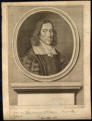 view Thomas Willis. Line engraving, 1682, after D. Loggan.