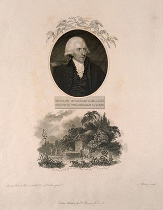 William Withering, portrait (top, in oval), and Withering analysing the waters of the Queen's Bath (Caldas de Rainha) at the request of the Portugese Court (below, vignette). Stipple engraving by W. Ridley, 1801, after C. F. von Breda.