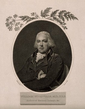 William Woodville, with a vignette of the St Pancras smallpox hospital. Stipple engraving, 1806, by W. Bond after L. F. Abbott and W. Woolnoth after G.S. Shepherd.