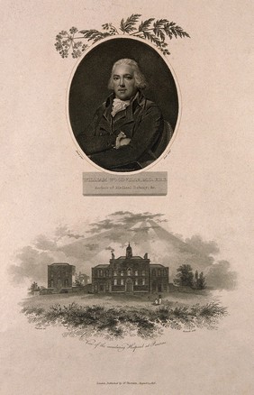 William Woodville, with a vignette of the St Pancras smallpox hospital. Stipple engraving, 1806, by W. Bond after L. F. Abbott and W. Woolnoth after G.S. Shepherd.