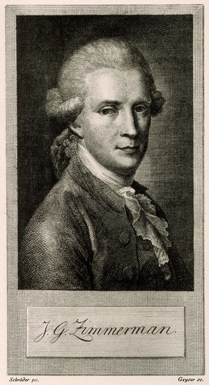 view Johann Georg Zimmermann. Reproduction of line engraving by Geyser after J.H. Schröder.