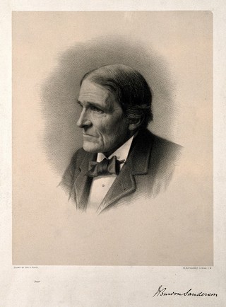 Sir John Scott Burdon-Sanderson. Lithograph by G. B. Black.
