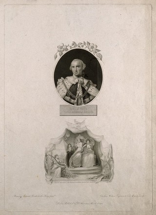 John Stuart, third Earl of Bute: portrait of him and allegory of his ministry. Stipple engraving by C. Watson, 1805, after A. Ramsay (portrait) and T. Uwins (allegory).