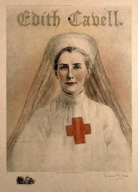 Edith Louisa Cavell in Red Cross uniform. Colour process print after E. M. Ross, 1915.