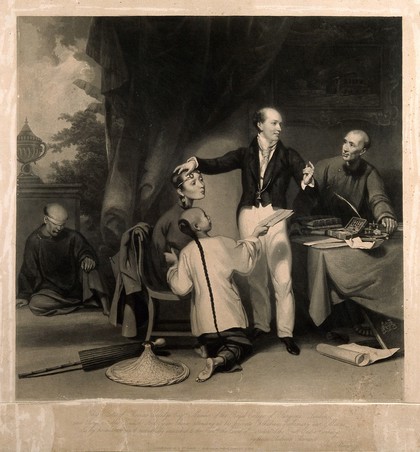Thomas Colledge attending a patient at his eye hospital in Macau. Aquatint by W. Daniell, 1834, after G. Chinnery.