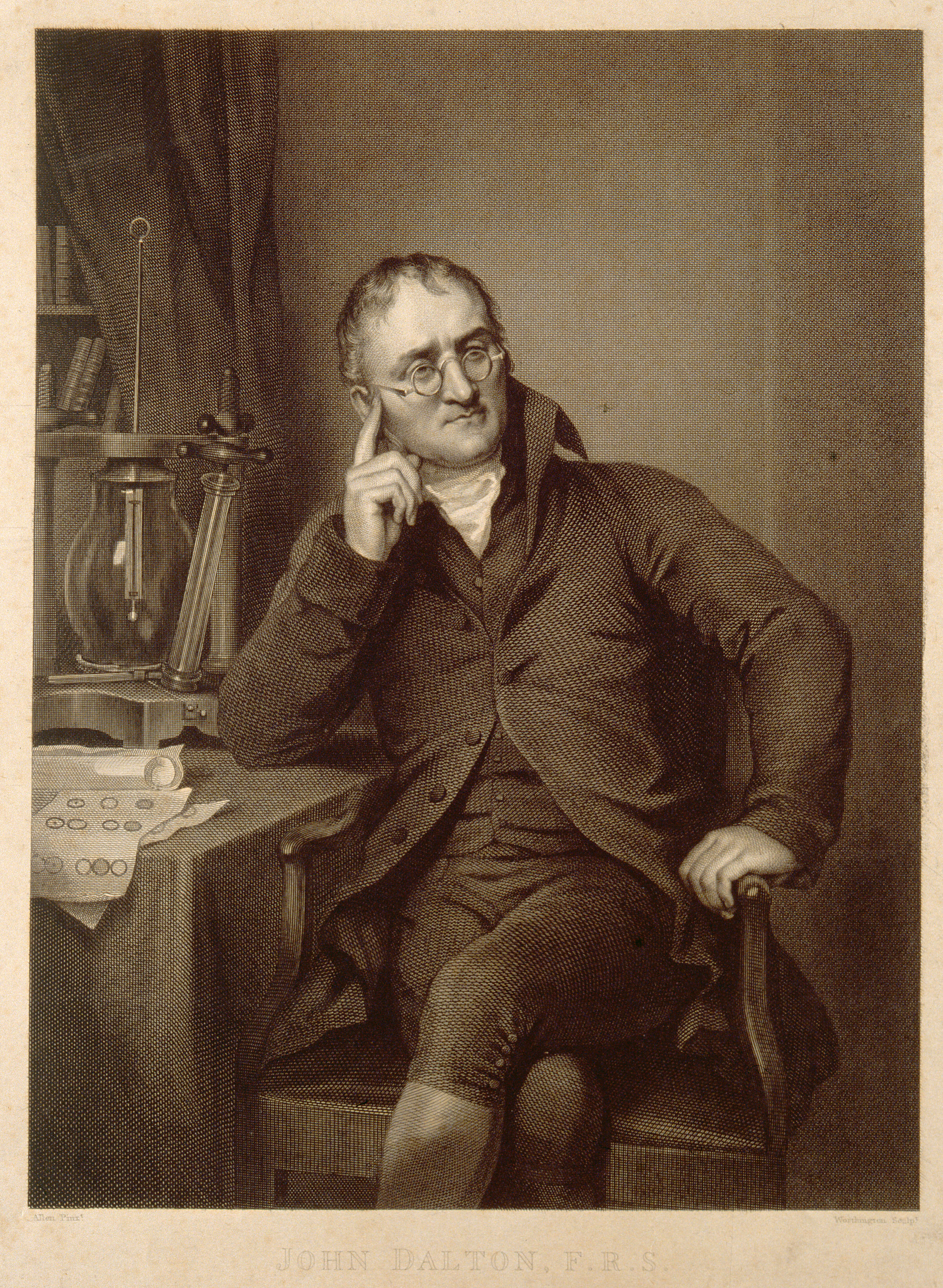 John Dalton. Line engraving by W. H. Worthington, 1823, after J. Allen