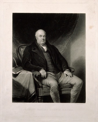 Robert Waring Darwin, seated in an armchair: beside him a letter-book, pen and ink on a table. Mezzotint by T. Lupton, 1839, after J. Pardon.