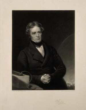 view Michael Faraday. Mezzotint by H. Cousins after T. Phillips, 1842.