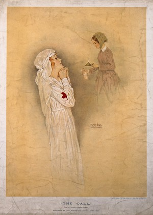 view Florence Nightingale: a nurse looking up at a vision of Florence Nightingale as 'the lady of the lamp'. Colour process print after R. Kirchner, 1917.