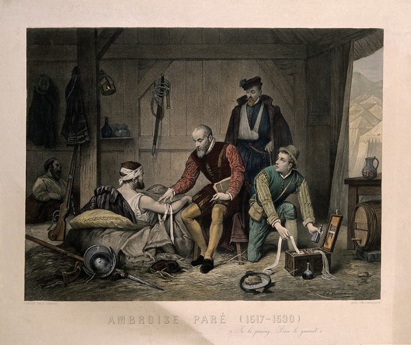 Ambroise Paré. Coloured line engraving by C. Manigaud after E. J. C. Hamman.