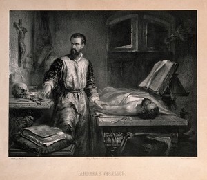 view Andreas Vesalius. Lithograph by E. Milster after E. J. C. Hamman, 1849.