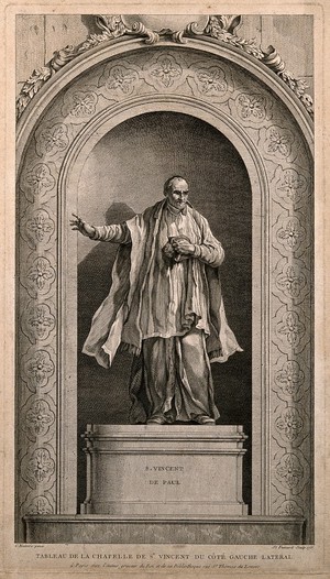 view Saint Vincent de Paul. Line engraving by E. Fessard, 1756, after C. Natoire.