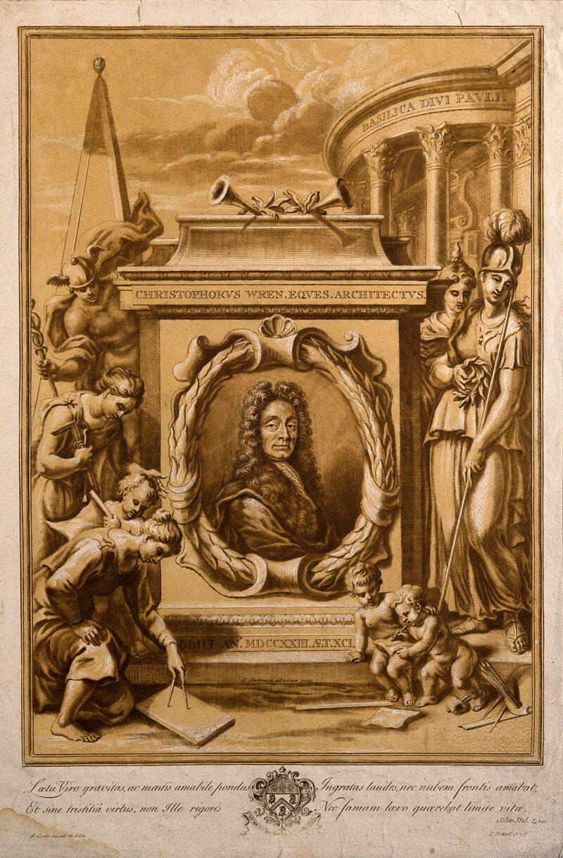 Sir Christopher Wren. Chiaroscuro woodcut by E. Kirkall after H. Cooke after J. Closterman, 1695., by John Closterman