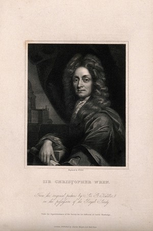 view Sir Christopher Wren. Stipple engraving by W. Holl after Sir G. Kneller.