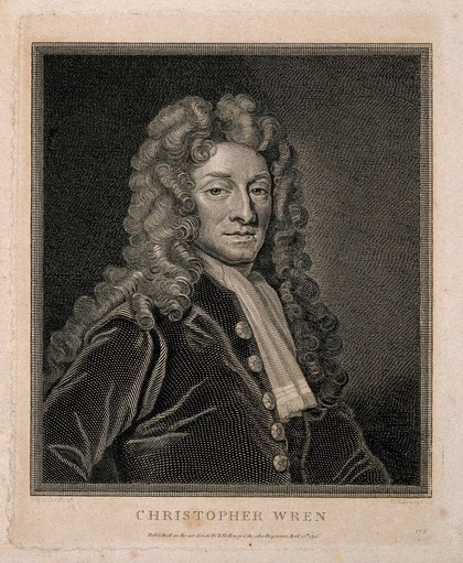 Sir Christopher Wren. Line engraving by T. Holloway, 1798, after Sir G. Kneller, 1711.