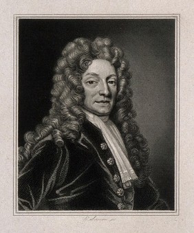 Sir Christopher Wren. Line engraving by E. Scriven, 1827, after Sir G. Kneller, 1711.
